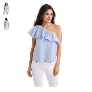 Vineyard Vines one shoulder seersucker ruffle top